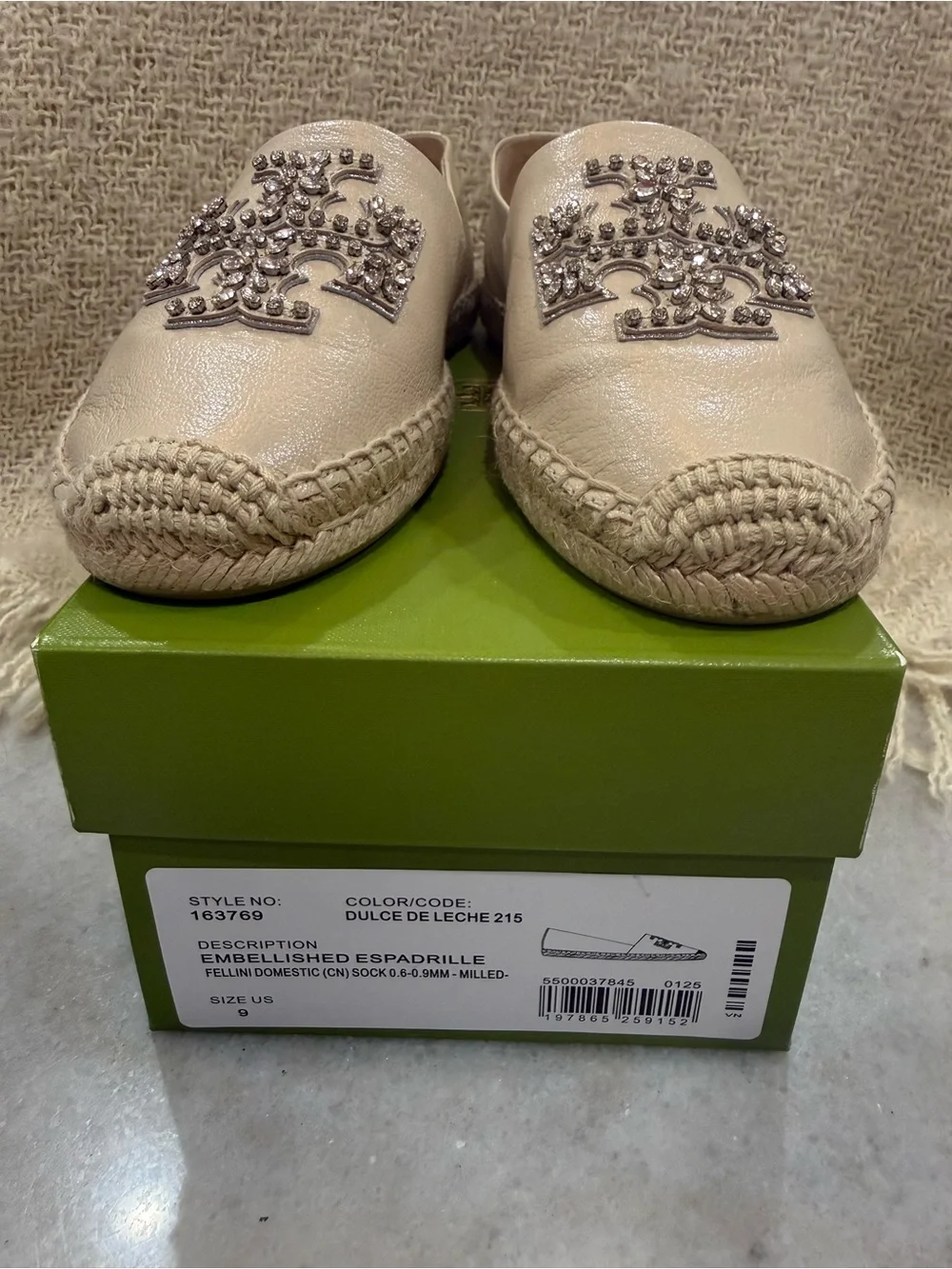 Tory Burch Ivory Embellished Leather Espadrille Flats NIB  Size 9